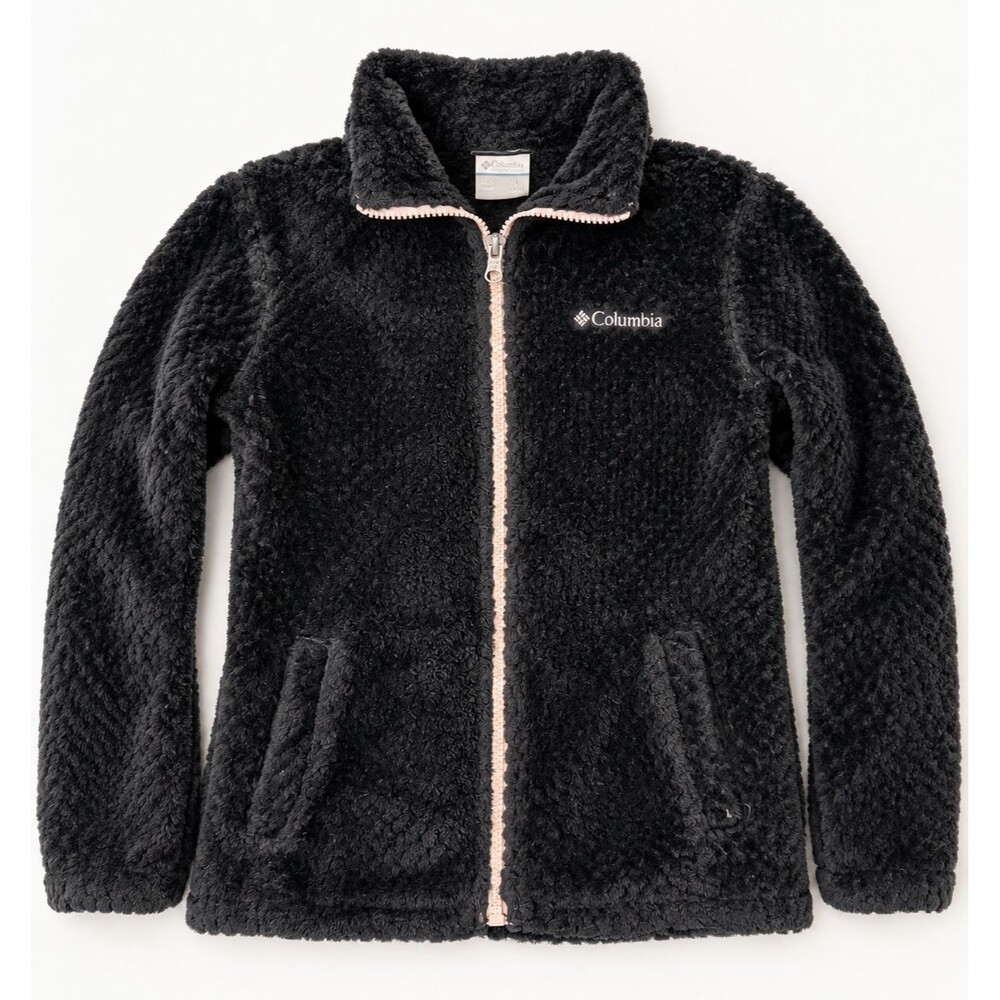 Columbia Plush Fleece Jacket Full Zip Black Pink Trim Youth L 14/16